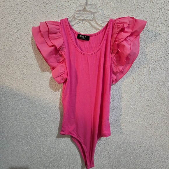 Barbiecore Ruffled Pink Bodysuit Size L Ribbed Texture & Puff Sleeves By Blue B - Picture 5 of 5